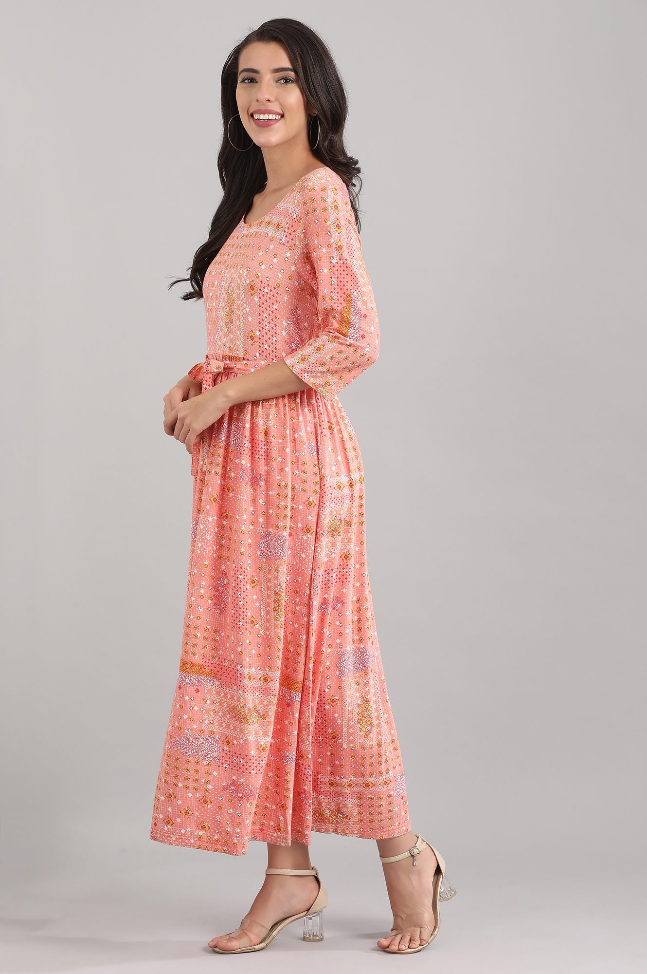 Peach Round Neck Floral Print Liva Dress