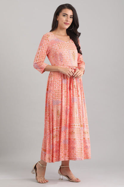 Peach Round Neck Floral Print Liva Dress