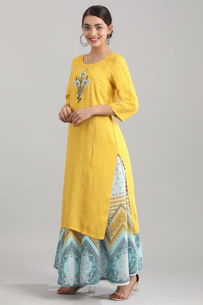 Yellow Round Neck Embroidered Liva kurta