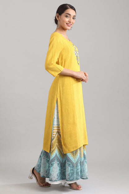 Yellow Round Neck Embroidered Liva kurta