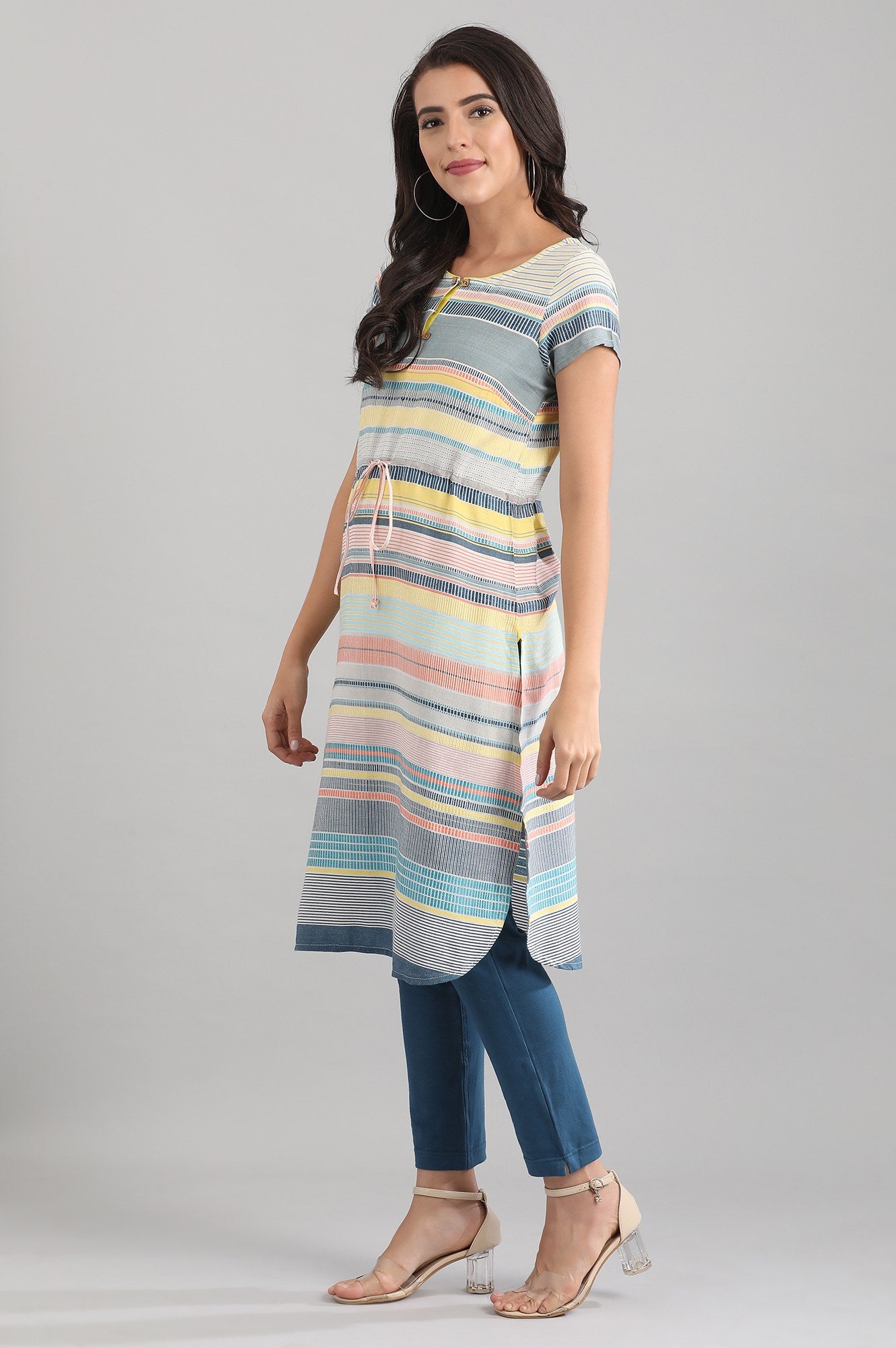 Blue Round Neck yarn-dyed Dress