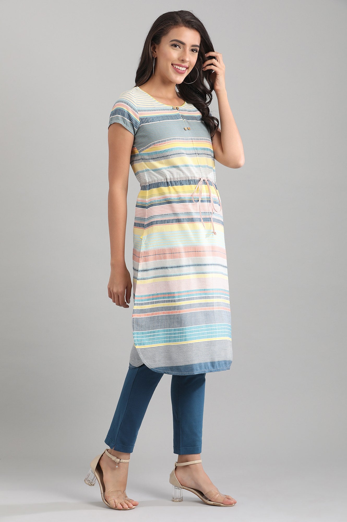 Blue Round Neck yarn-dyed Dress