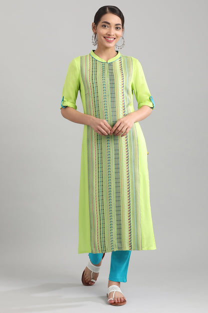 Green Band Collar Yarn-dyed Liva kurta