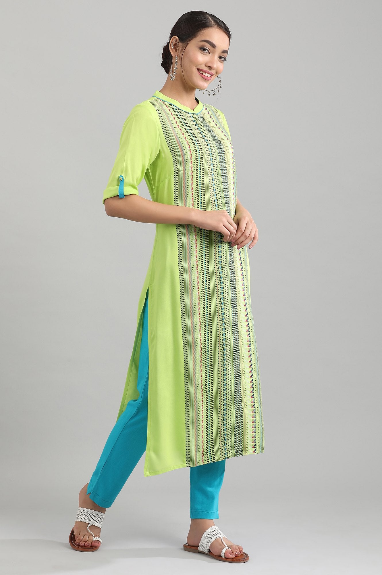 Green Band Collar Yarn-dyed Liva kurta