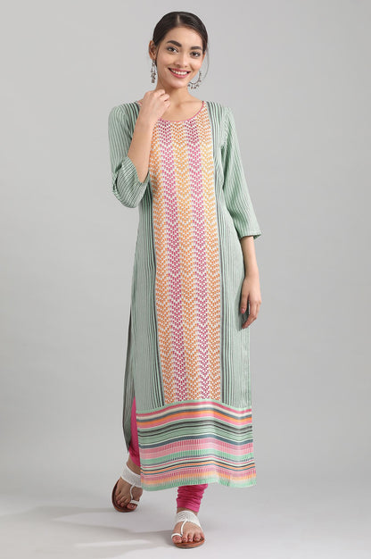 Green Round Neck Yarn-dyed Liva kurta