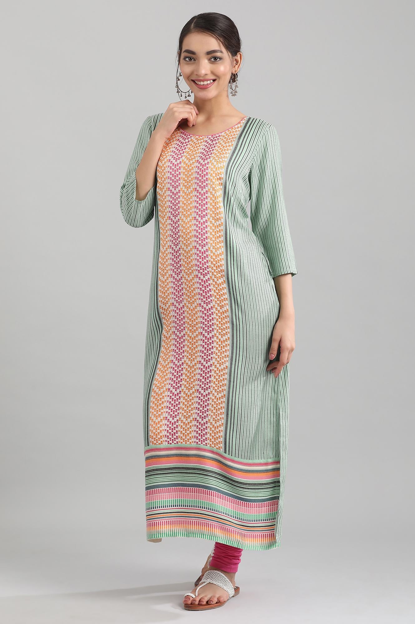 Green Round Neck Yarn-dyed Liva kurta