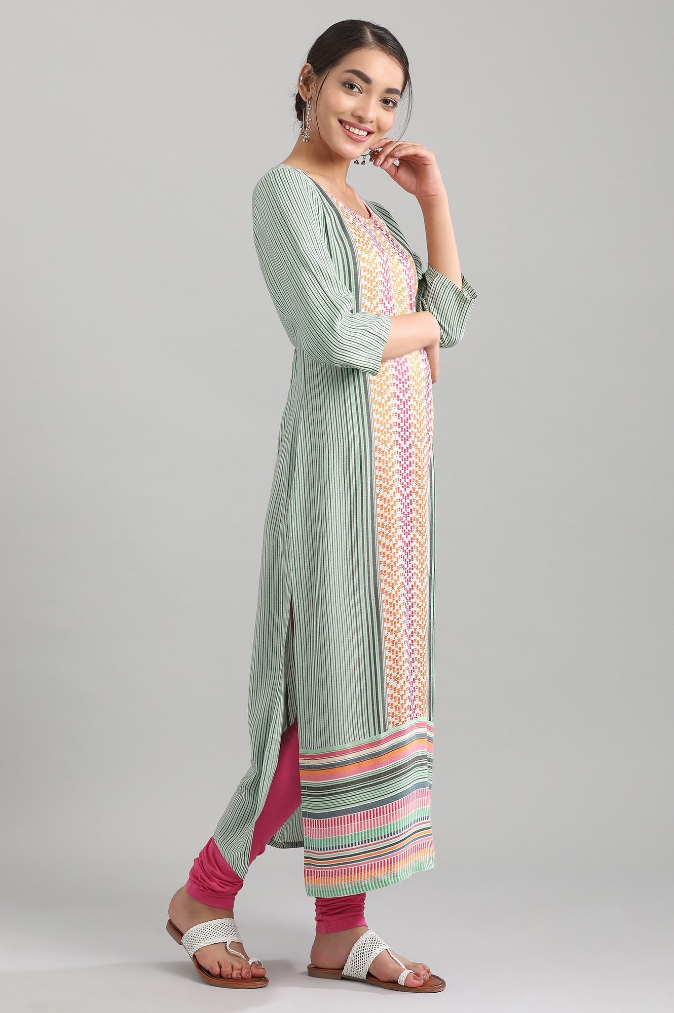 Green Round Neck Yarn-dyed Liva kurta