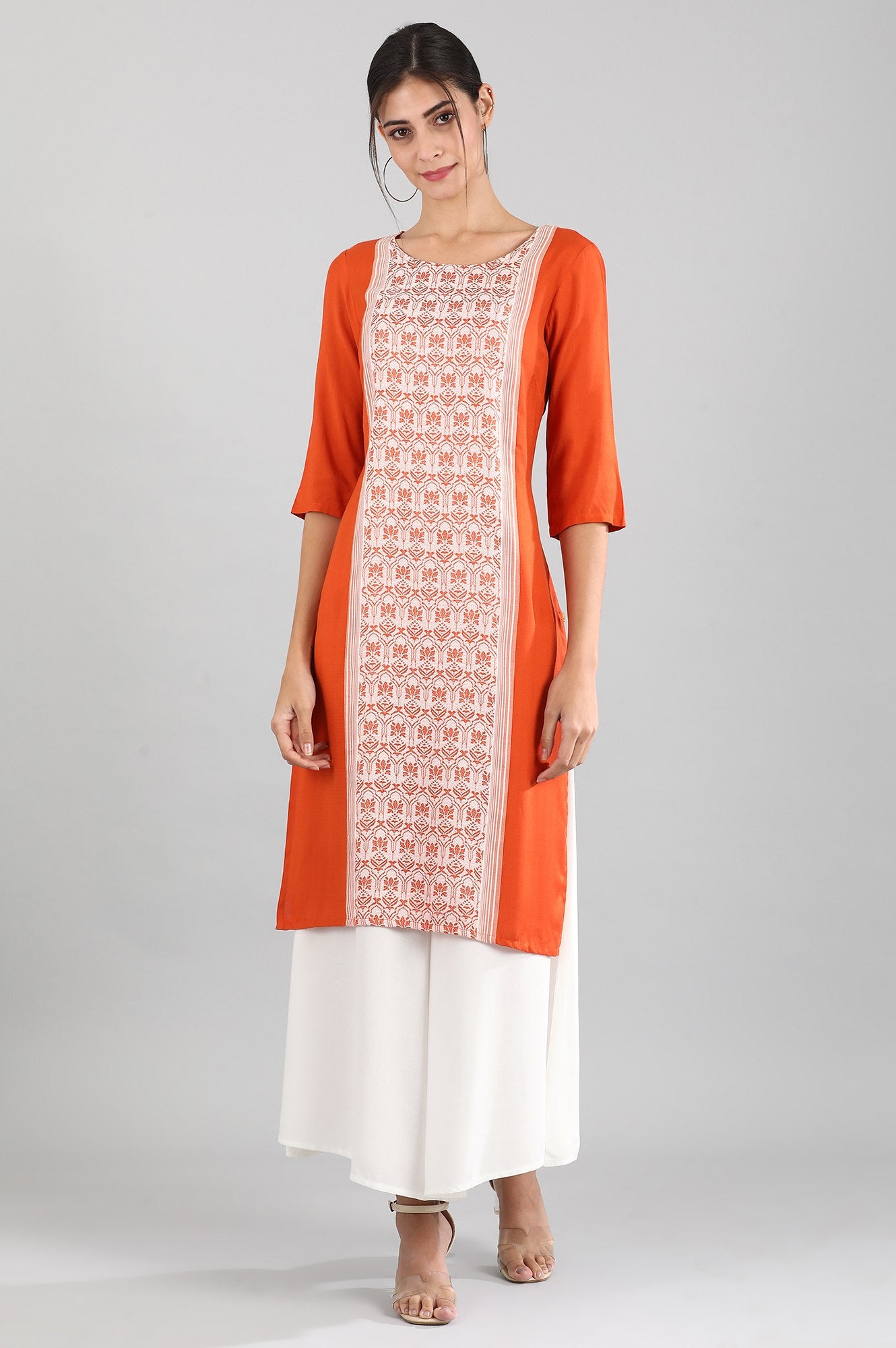 Orange Round Neck Yarn-dyed Liva kurta