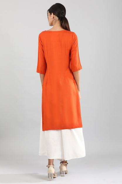 Orange Round Neck Yarn-dyed Liva kurta