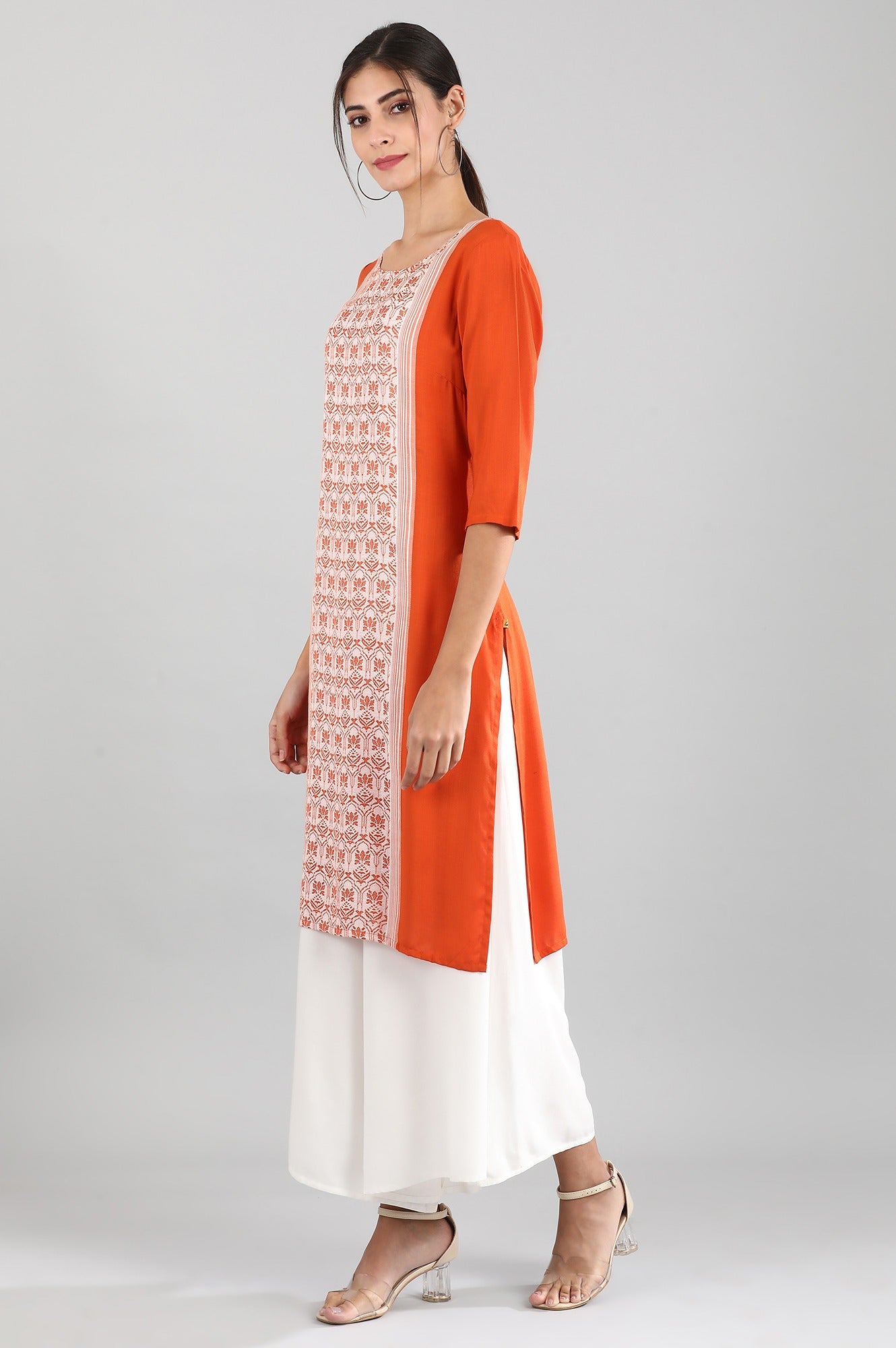 Orange Round Neck Yarn-dyed Liva kurta