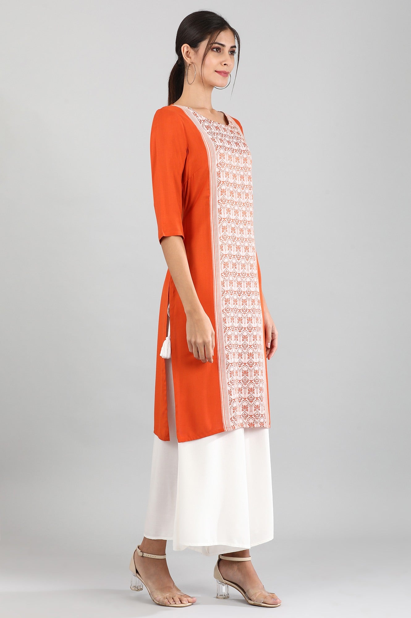 Orange Round Neck Yarn-dyed Liva kurta