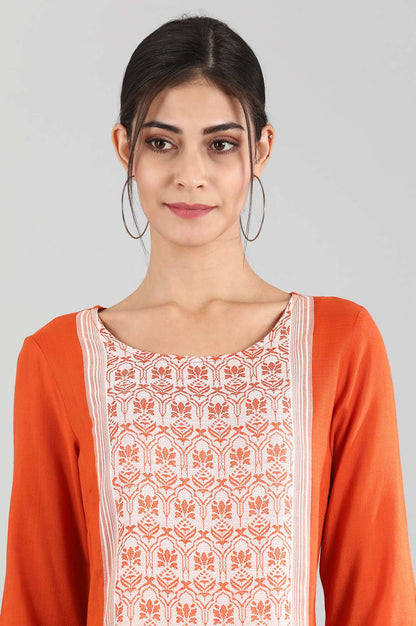 Orange Round Neck Yarn-dyed Liva kurta