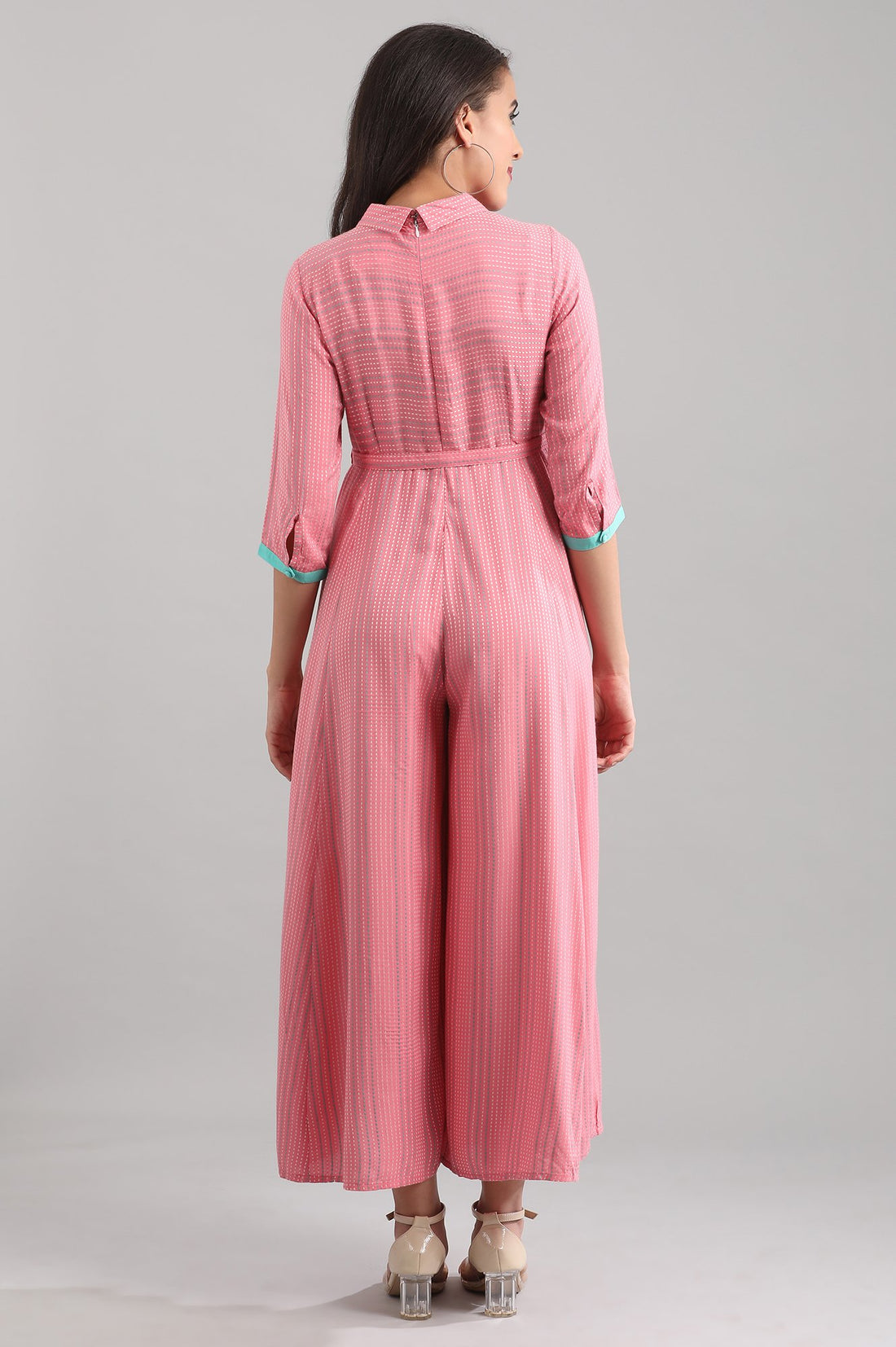 Pink Shirt Collar Yarn-dyed Liva Jumpsuit