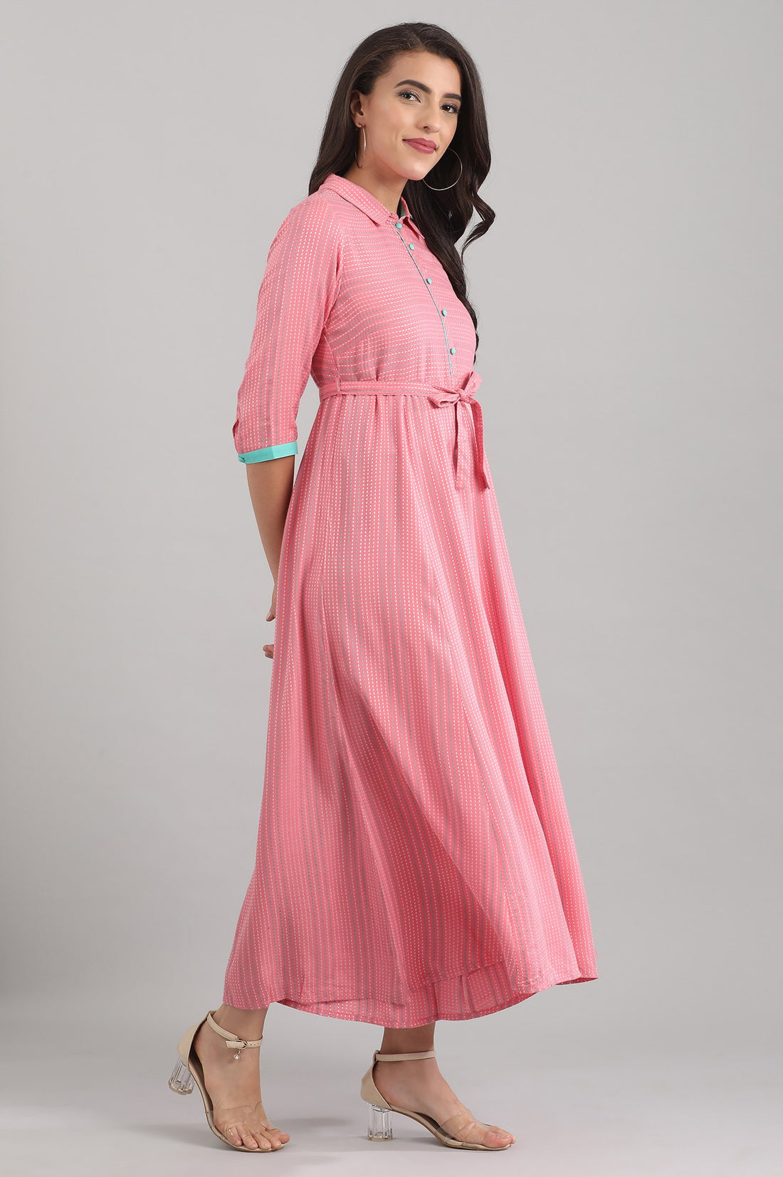 Pink Shirt Collar Yarn-dyed Liva Jumpsuit