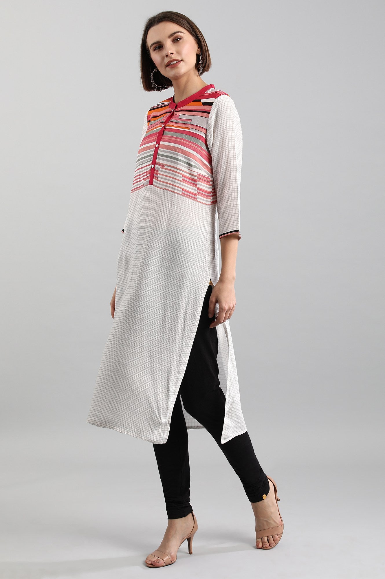 White Band Collar Printed Liva kurta