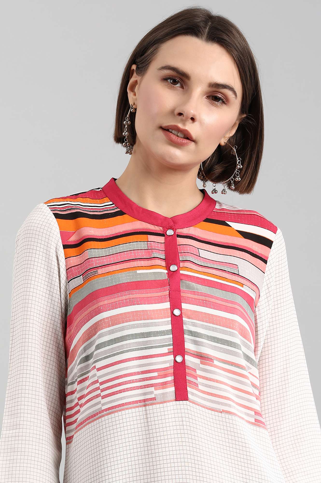 White Band Collar Printed Liva kurta