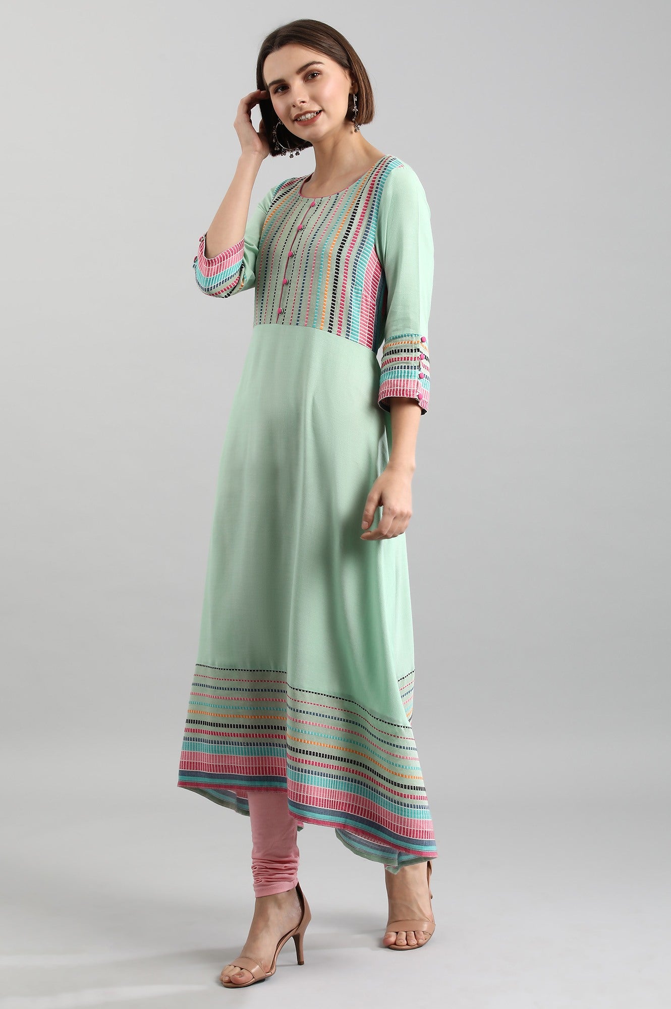 Green Round Neck Yarn-dyed kurta