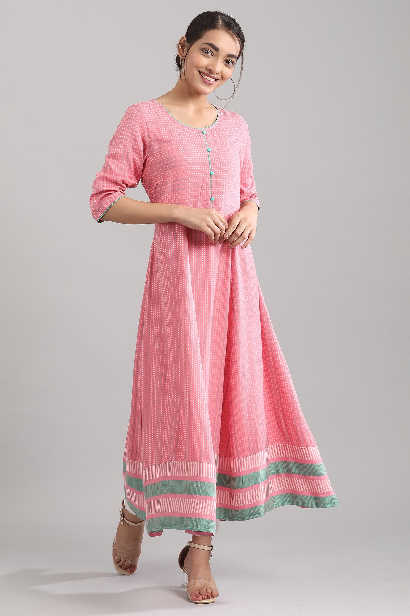 Pink Round Neck Yarn-dyed Liva kurta