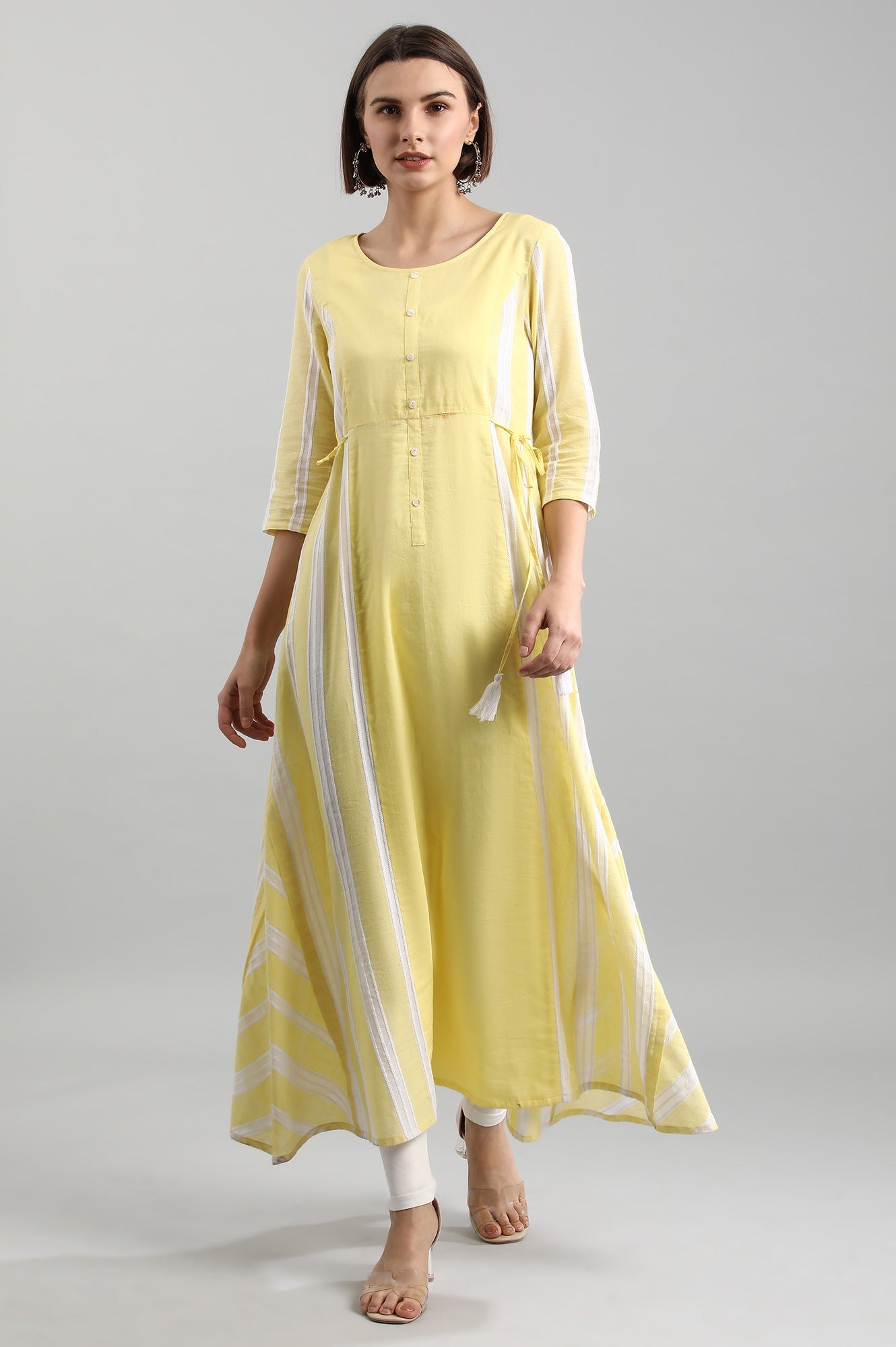 Yellow Round Neck Yarn-dyed kurta