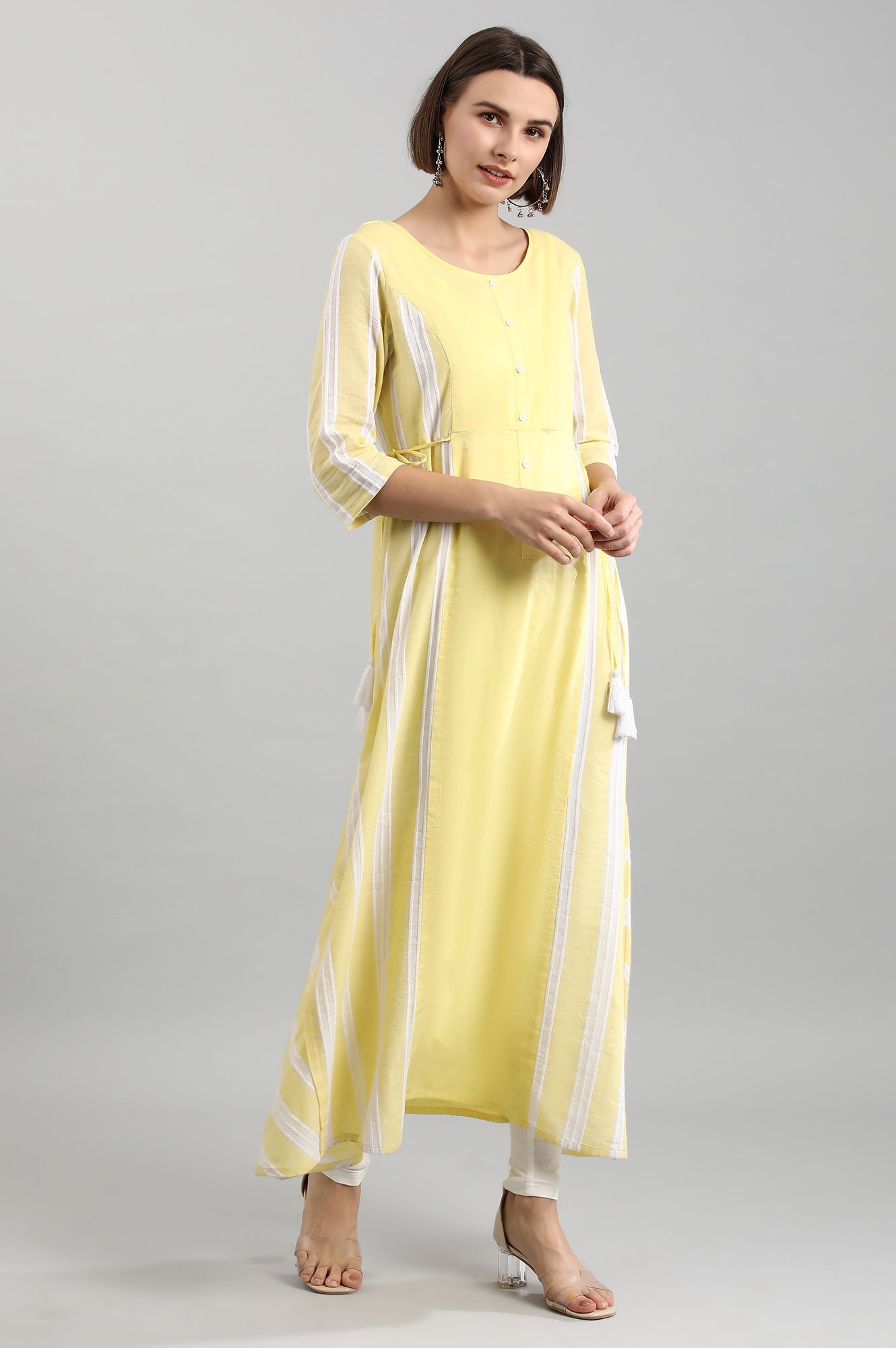 Yellow Round Neck Yarn-dyed kurta