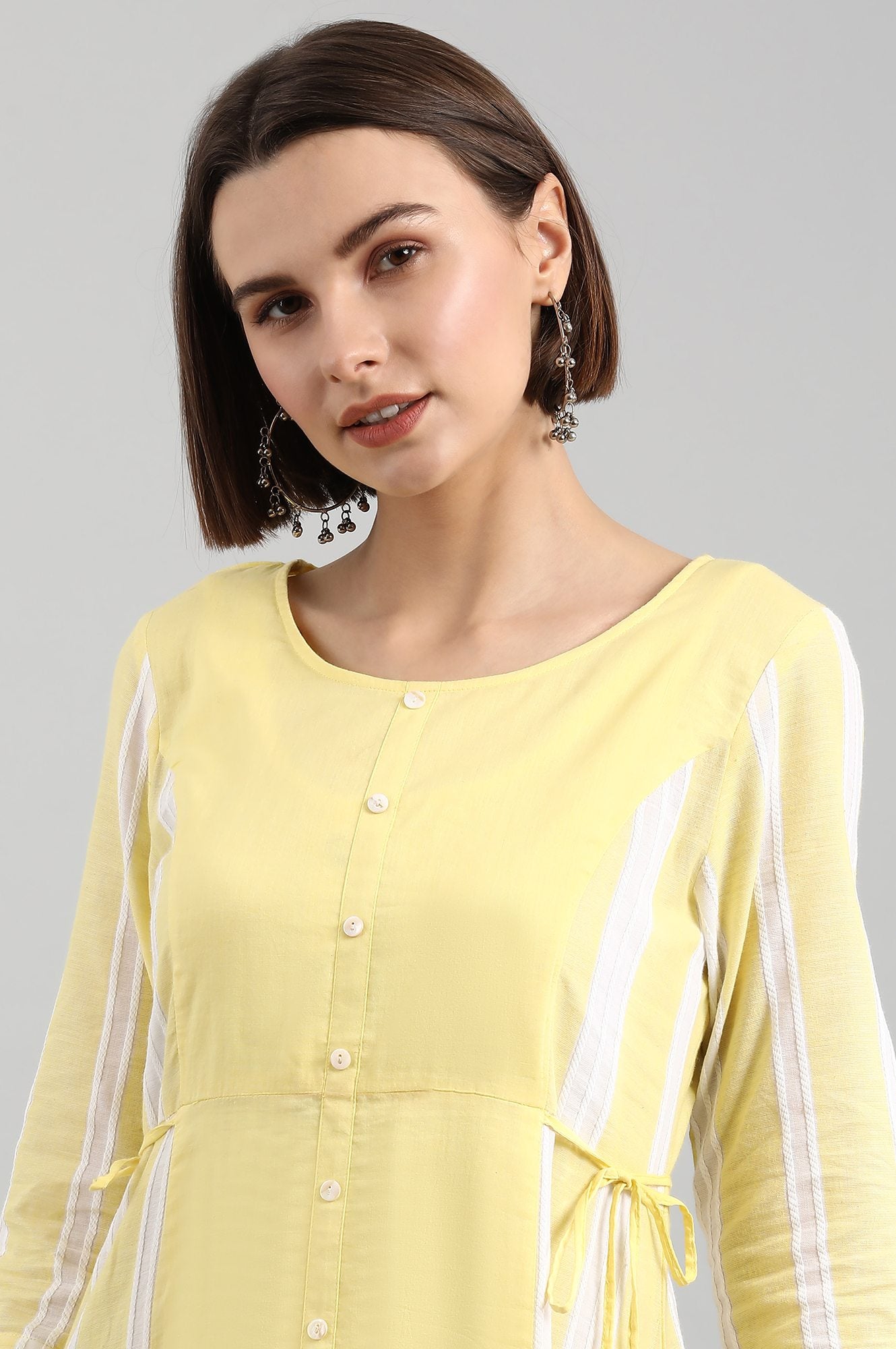 Yellow Round Neck Yarn-dyed kurta