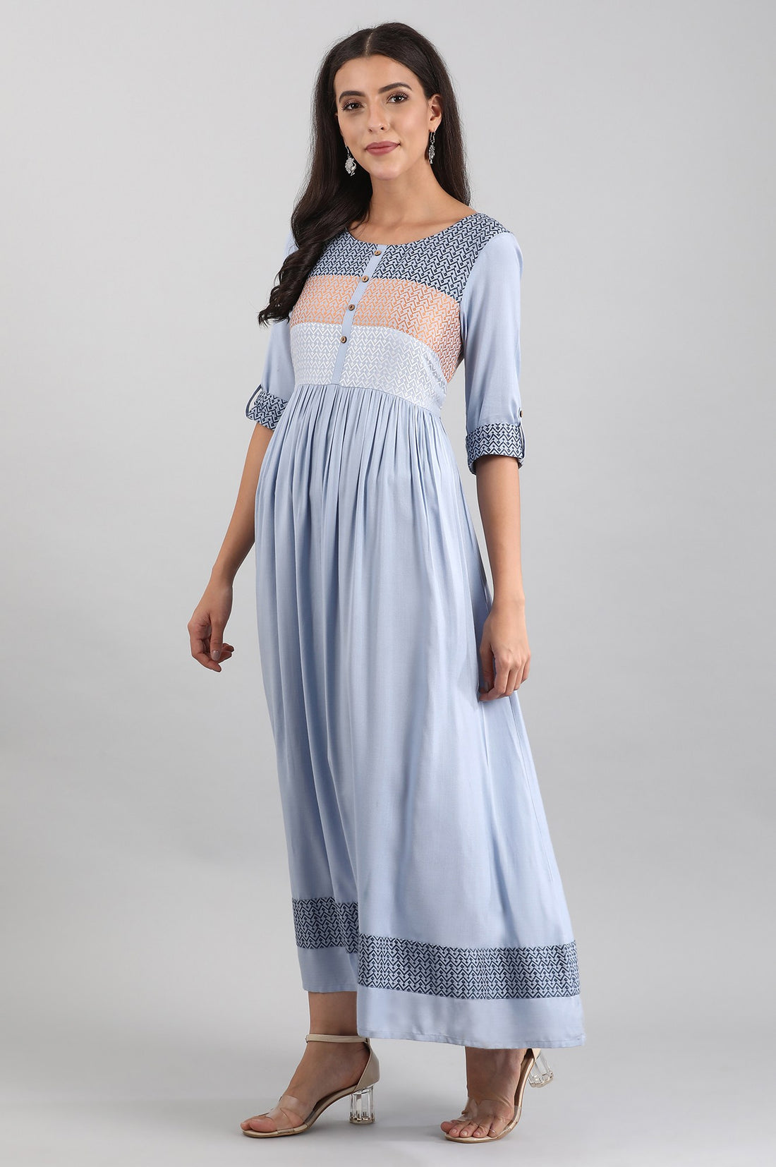 Blue Round Neck yarn-dyed Liva Dress