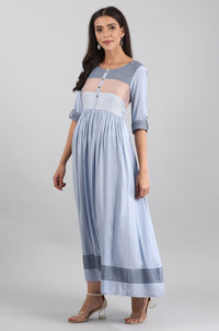 Blue Round Neck yarn-dyed Liva Dress