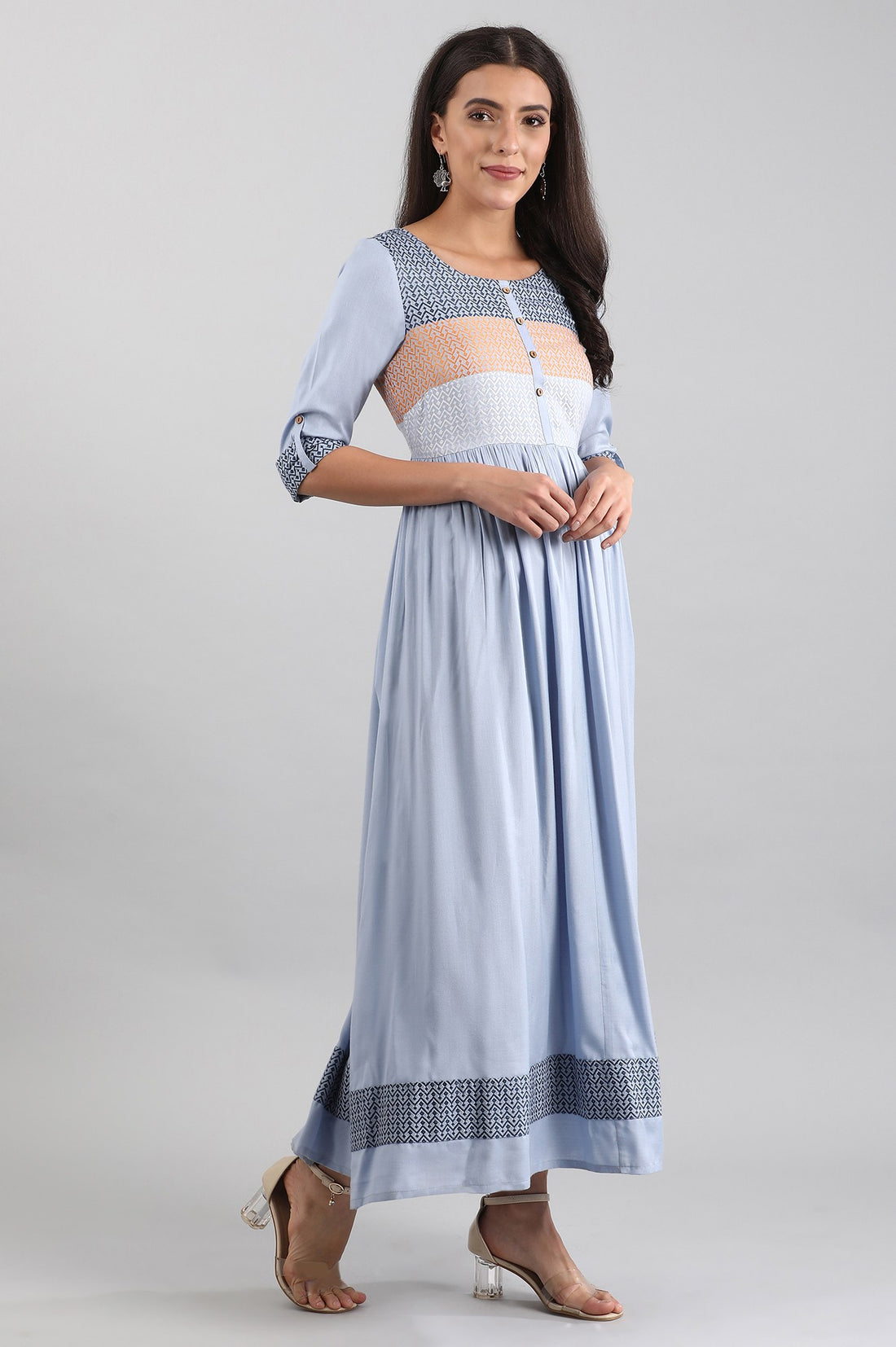 Blue Round Neck yarn-dyed Liva Dress