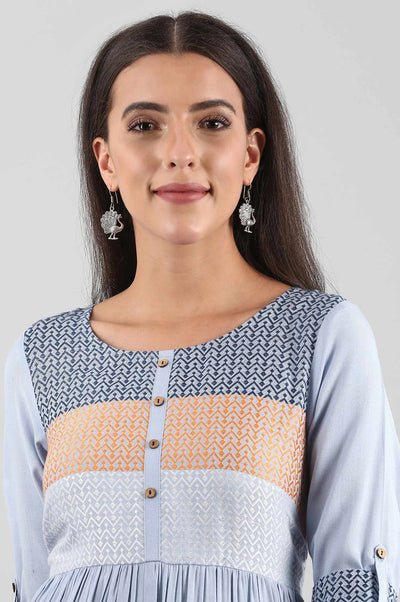Blue Round Neck yarn-dyed Liva Dress