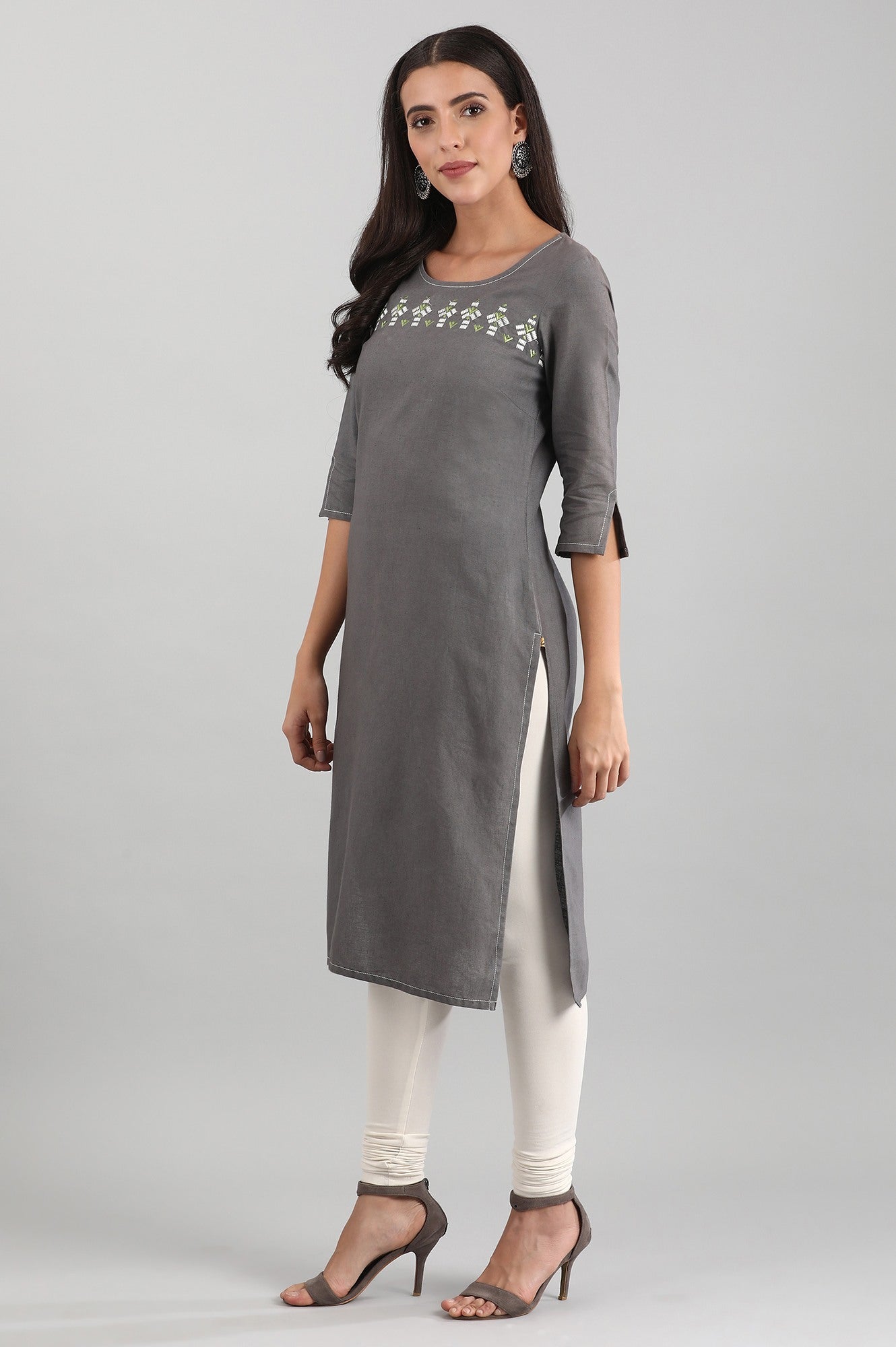 Grey Round Neck Solid kurta