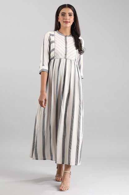 Grey Band Collar Yarn-dyed Liva Dress