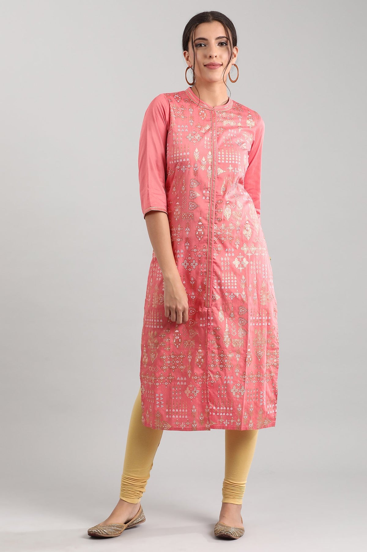 Pink Band Collar Printed kurta - S