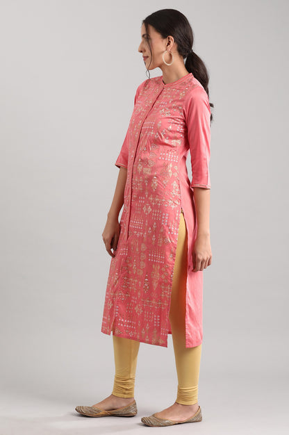 Pink Band Collar Printed kurta