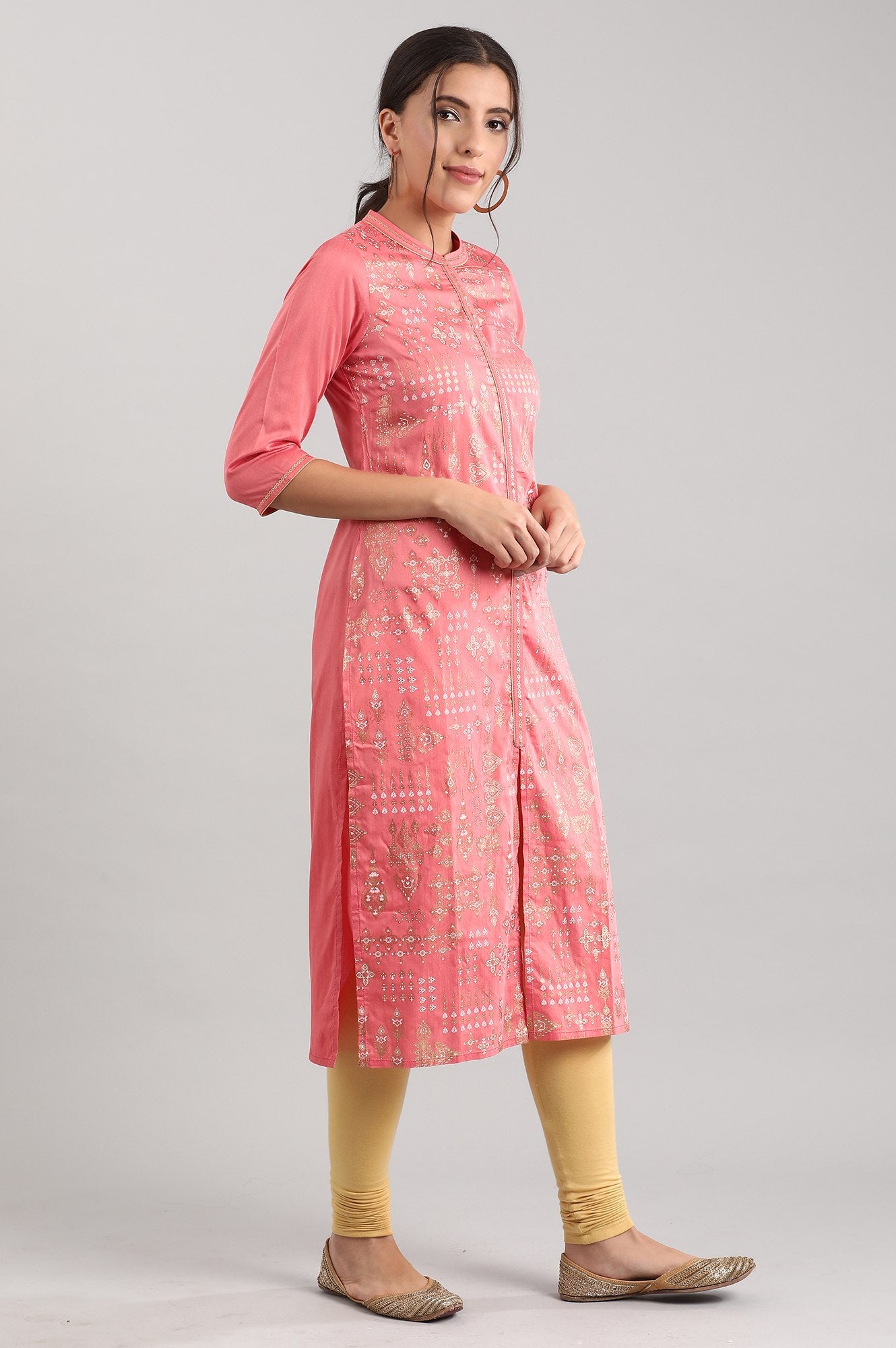 Pink Band Collar Printed kurta