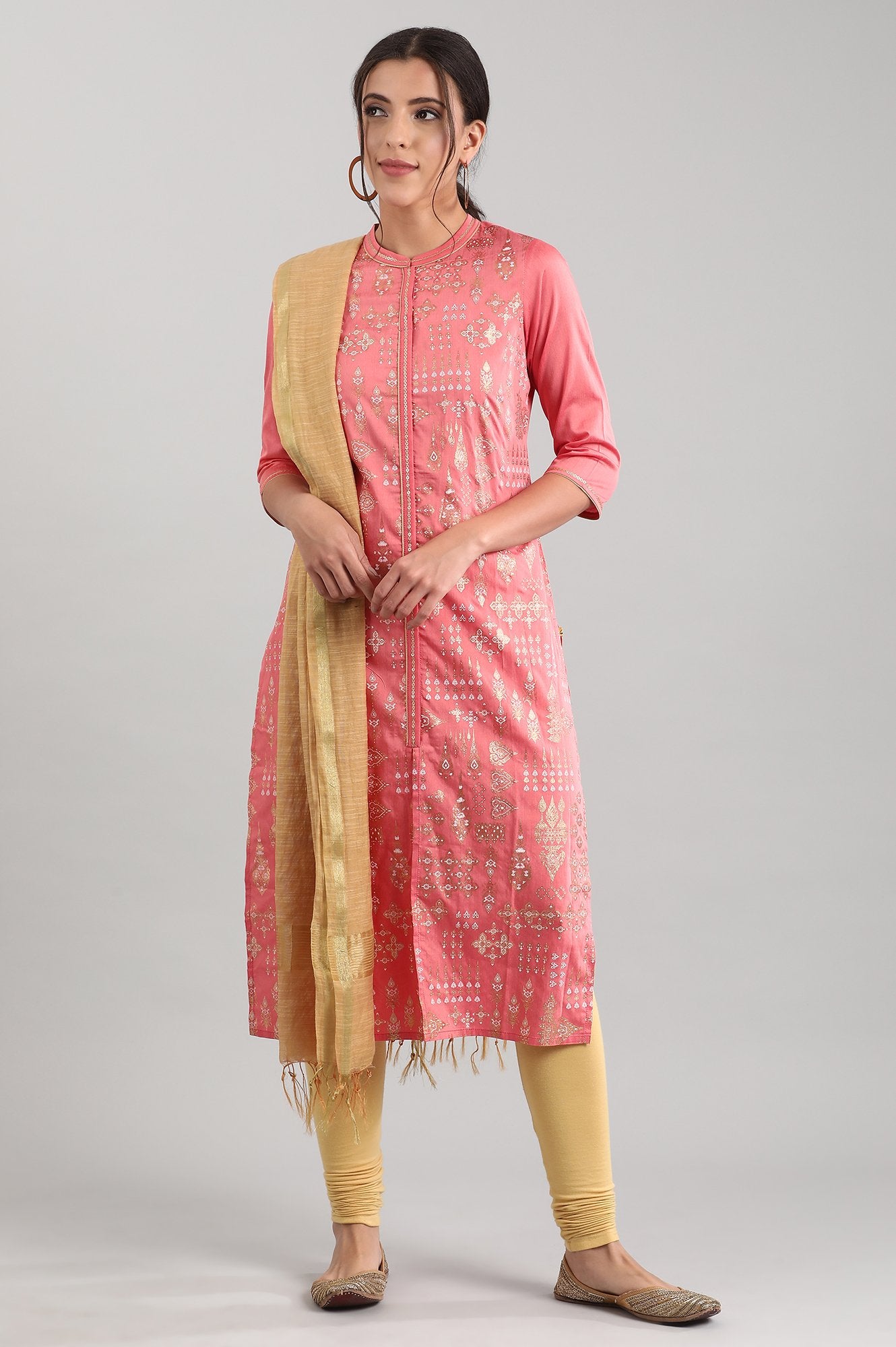 Pink Band Collar Printed kurta