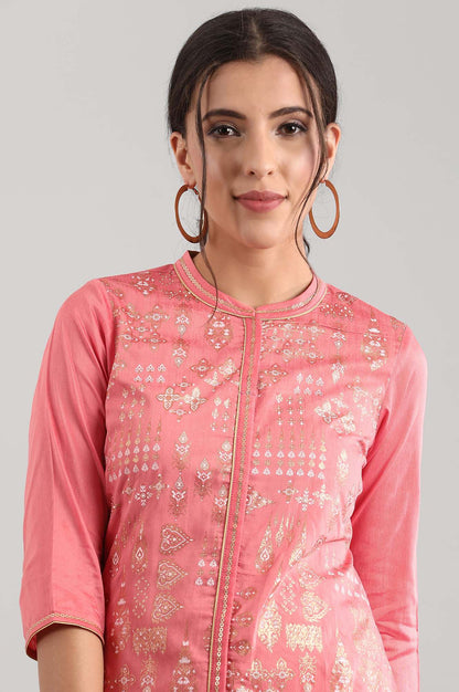 Pink Band Collar Printed kurta