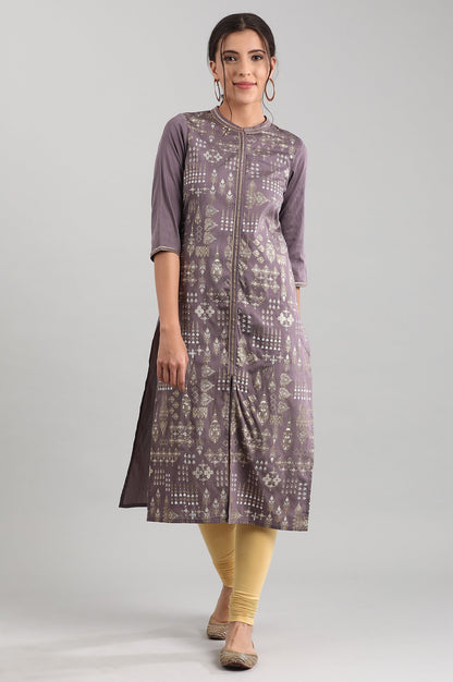 Grey Band Collar Printed kurta