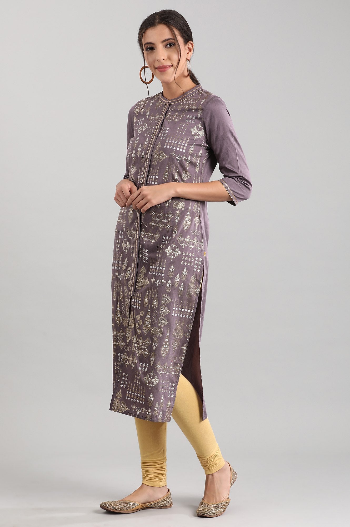 Grey Band Collar Printed kurta