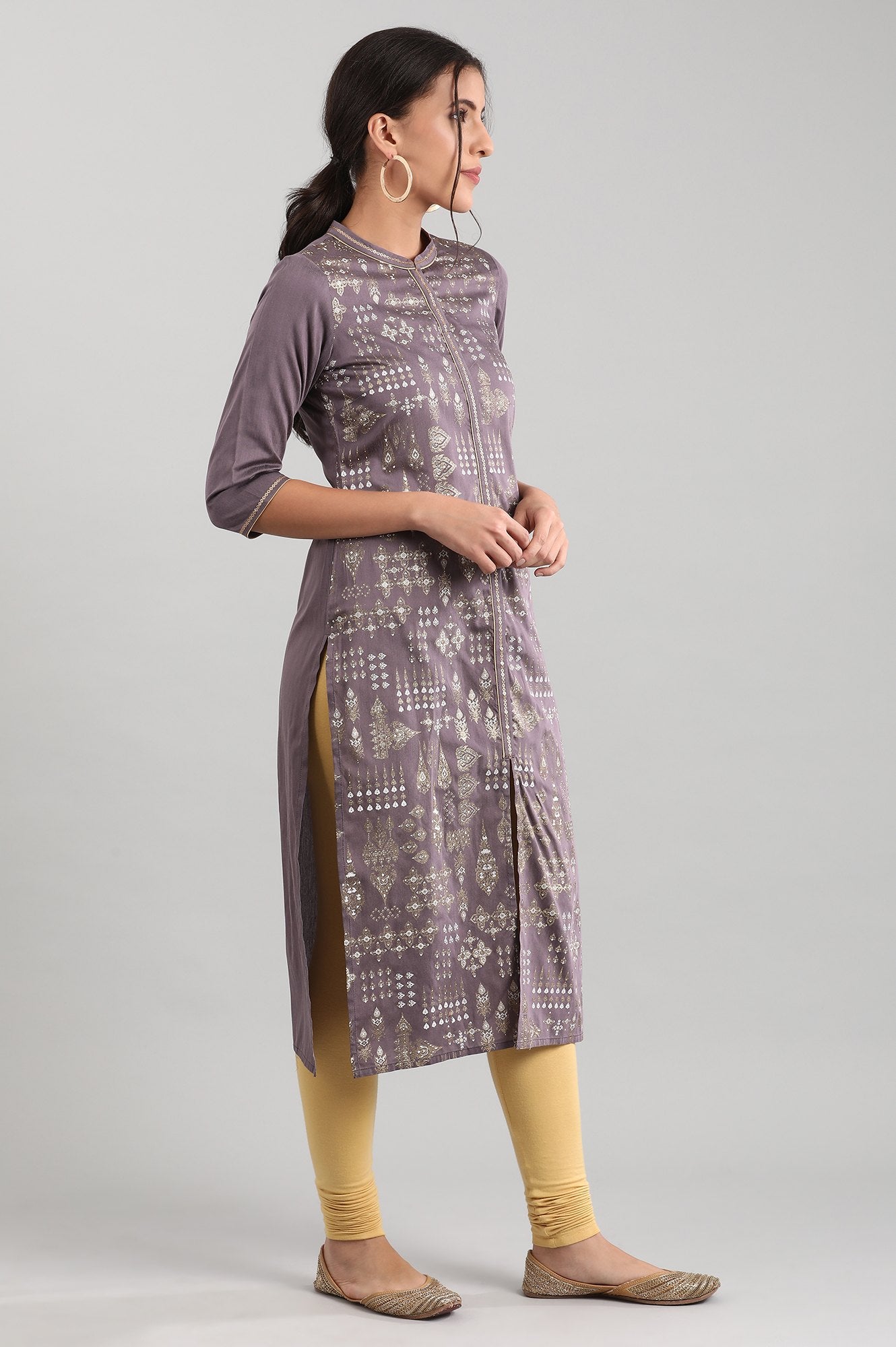 Grey Band Collar Printed kurta