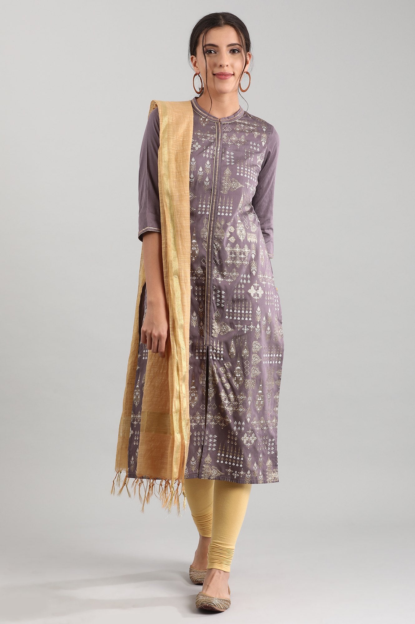 Grey Band Collar Printed kurta