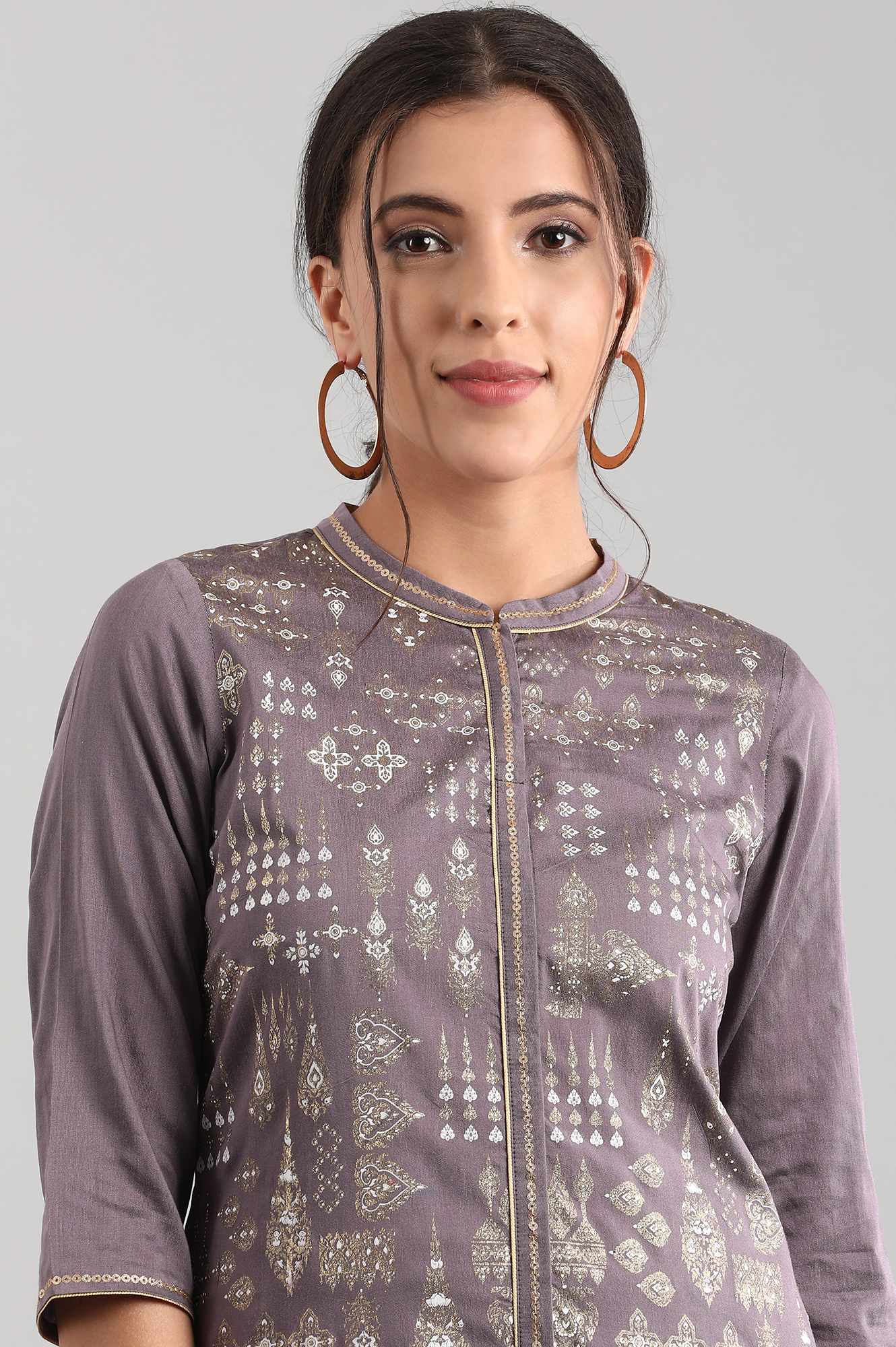 Grey Band Collar Printed kurta