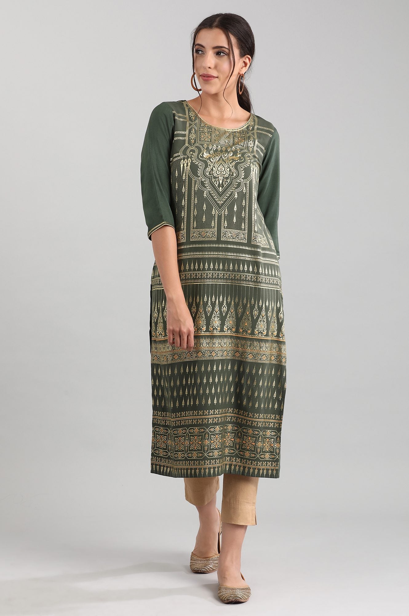 Green Round Neck Printed Liva kurta