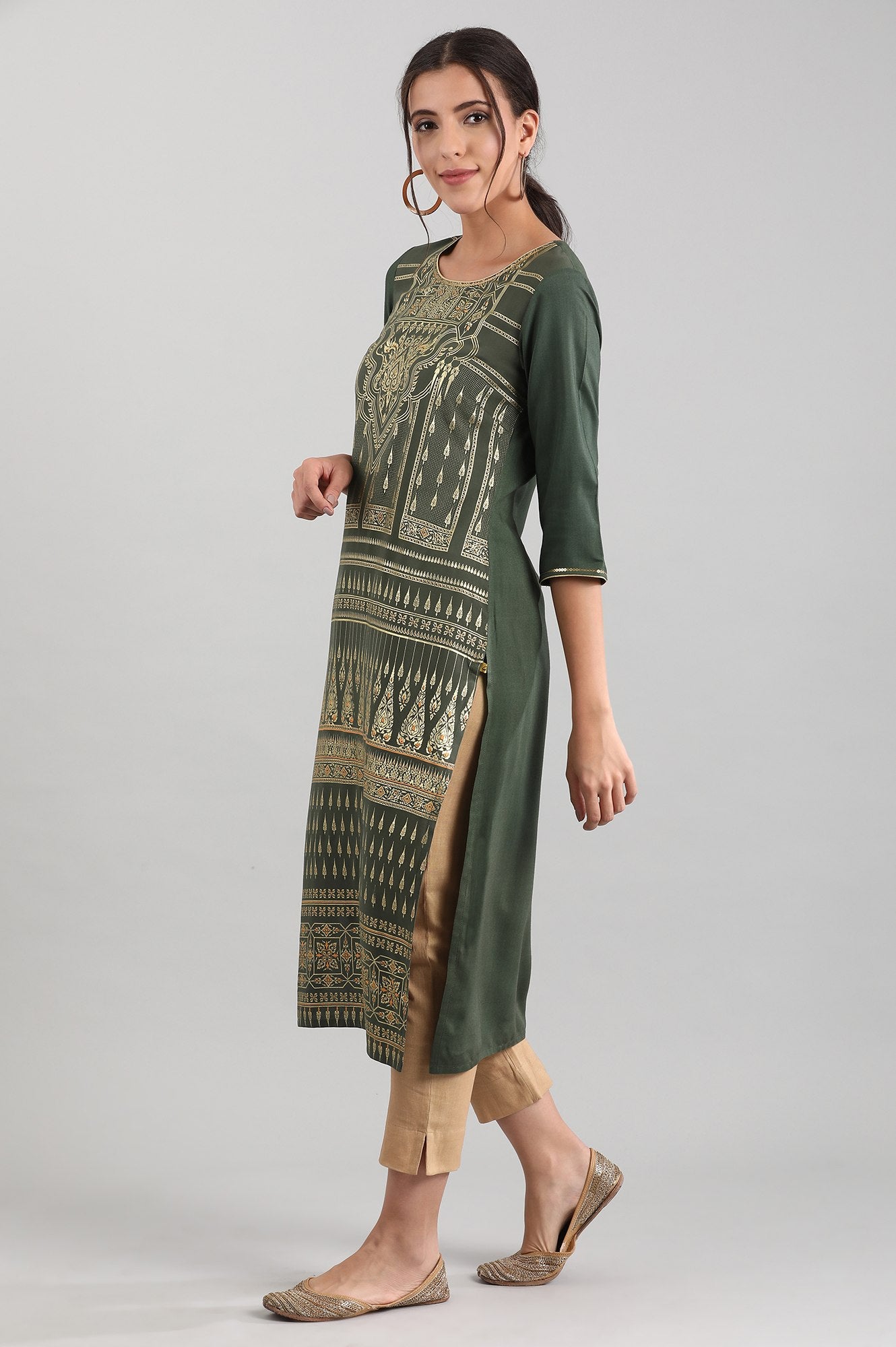 Green Round Neck Printed Liva kurta