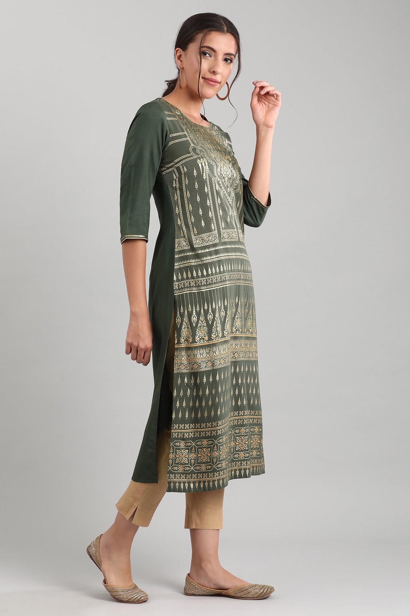 Green Round Neck Printed Liva kurta