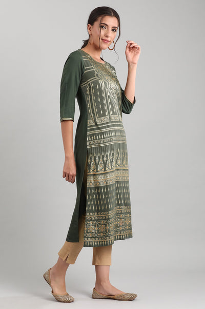 Green Round Neck Printed Liva kurta