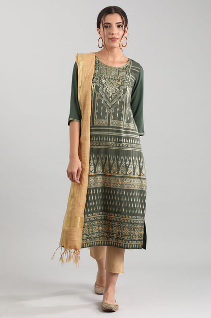 Green Round Neck Printed Liva kurta