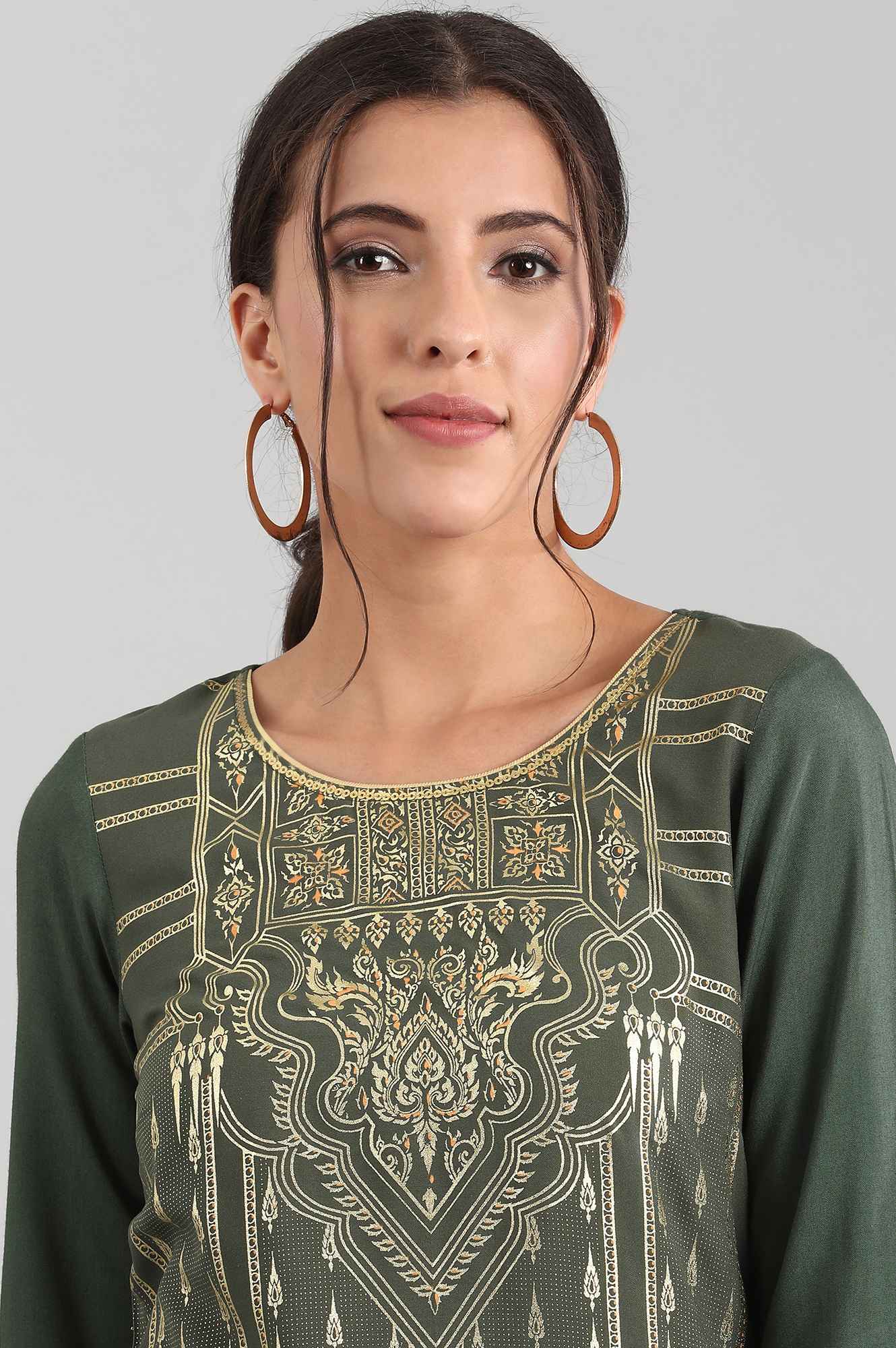 Green Round Neck Printed Liva kurta