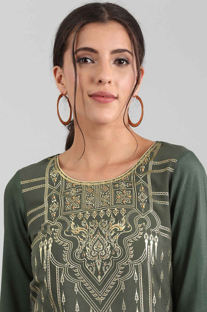 Green Round Neck Printed Liva kurta