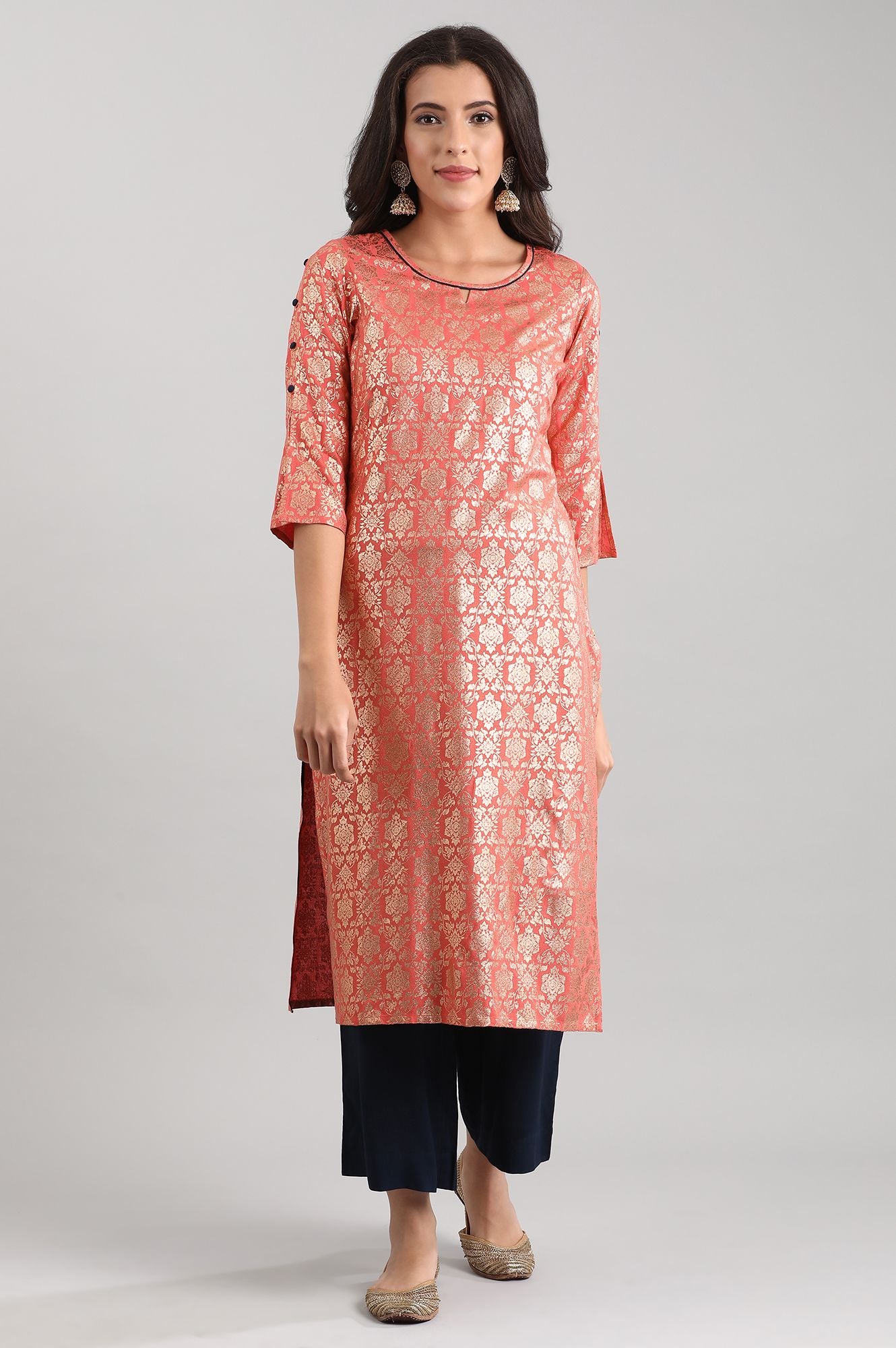 Peach Round Neck Printed Liva kurta