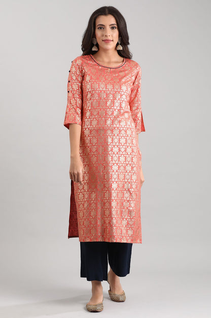 Peach Round Neck Printed Liva kurta